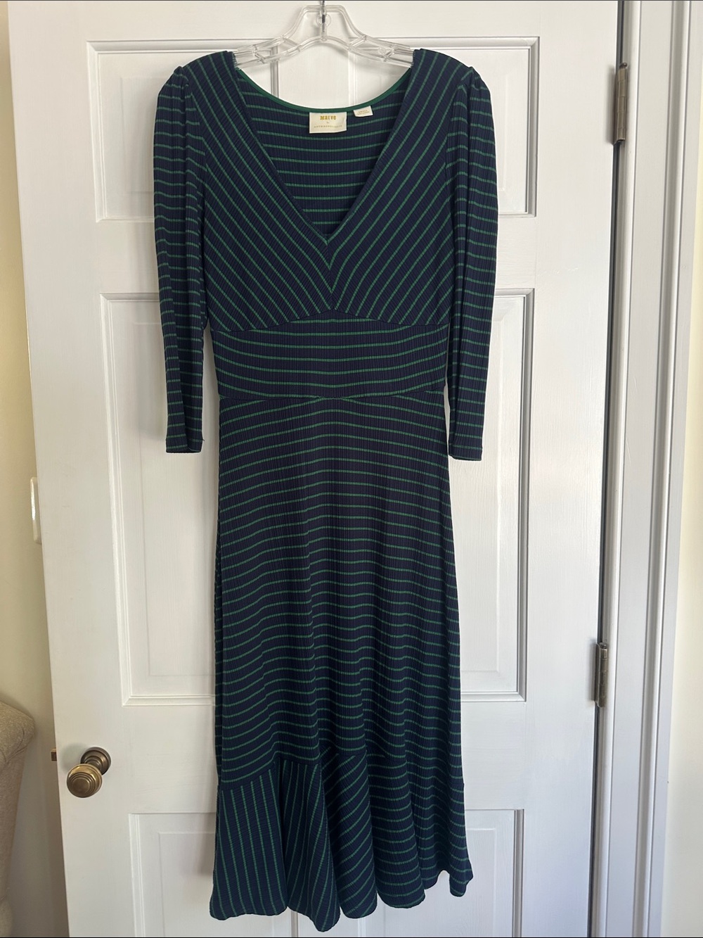 Maeve Navy Dress with Green Pinstripes and V-Neck